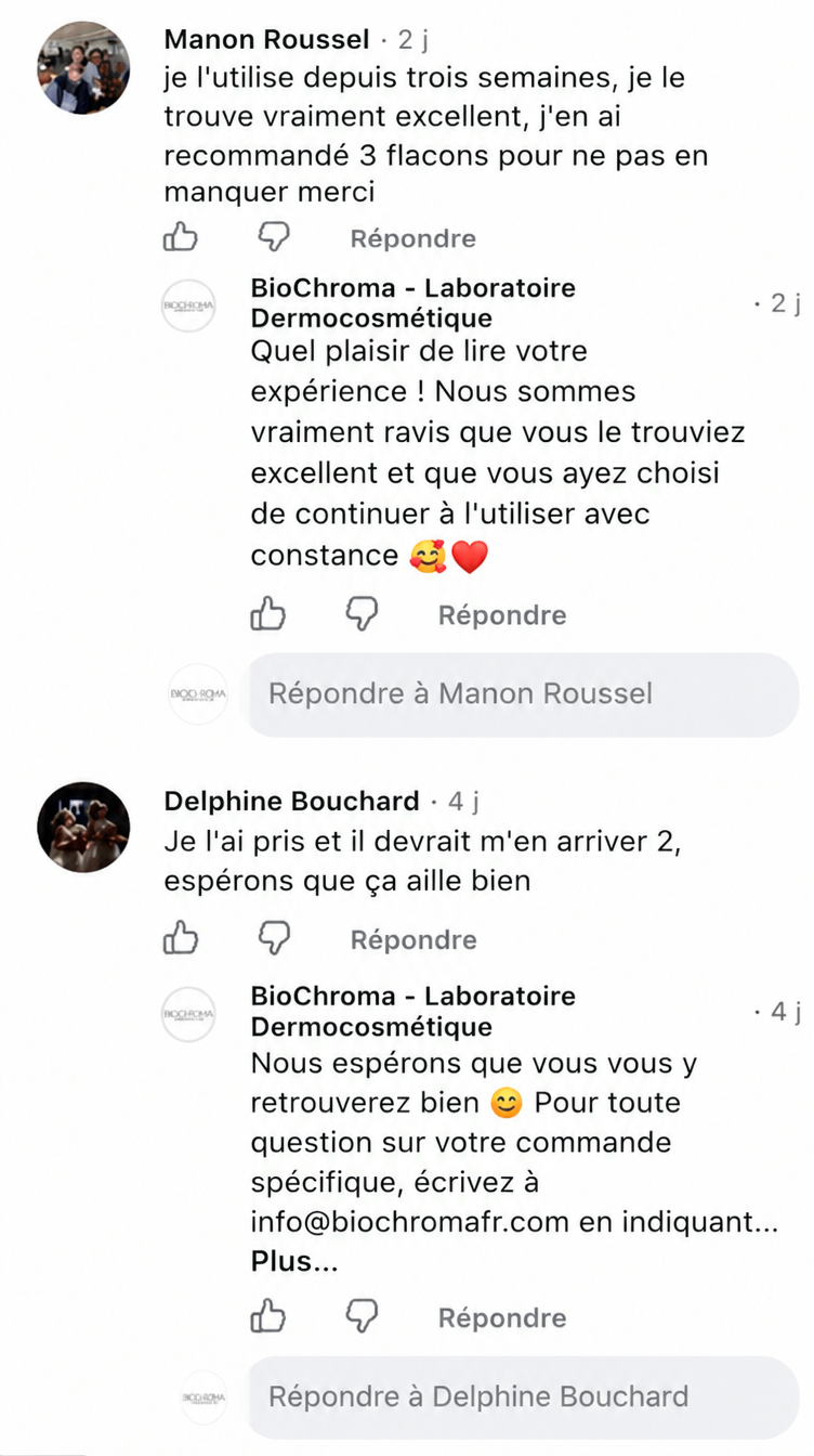 Commentaire Facebook d'une cliente BioChroma