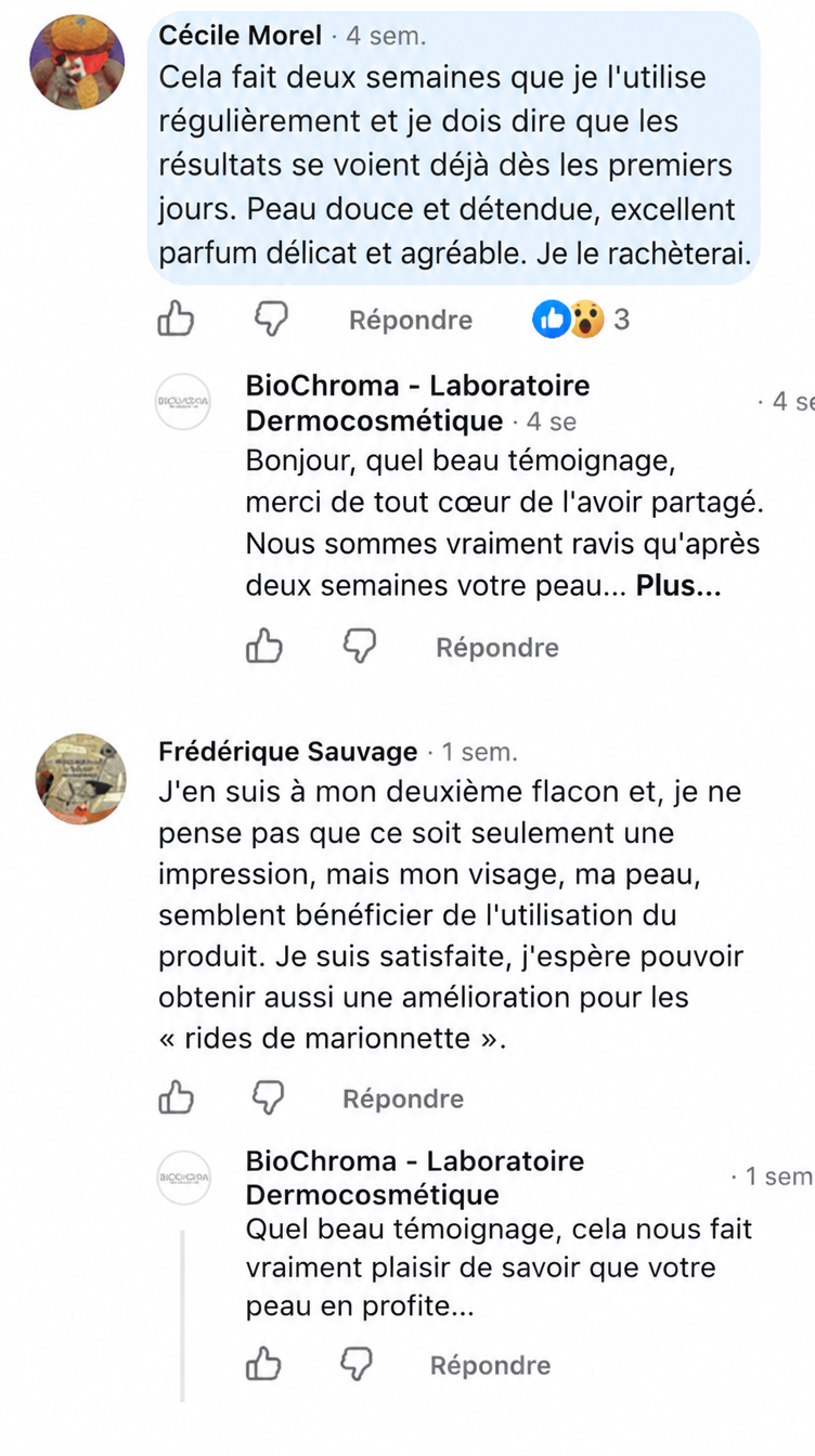 Commentaire Facebook d'une cliente BioChroma